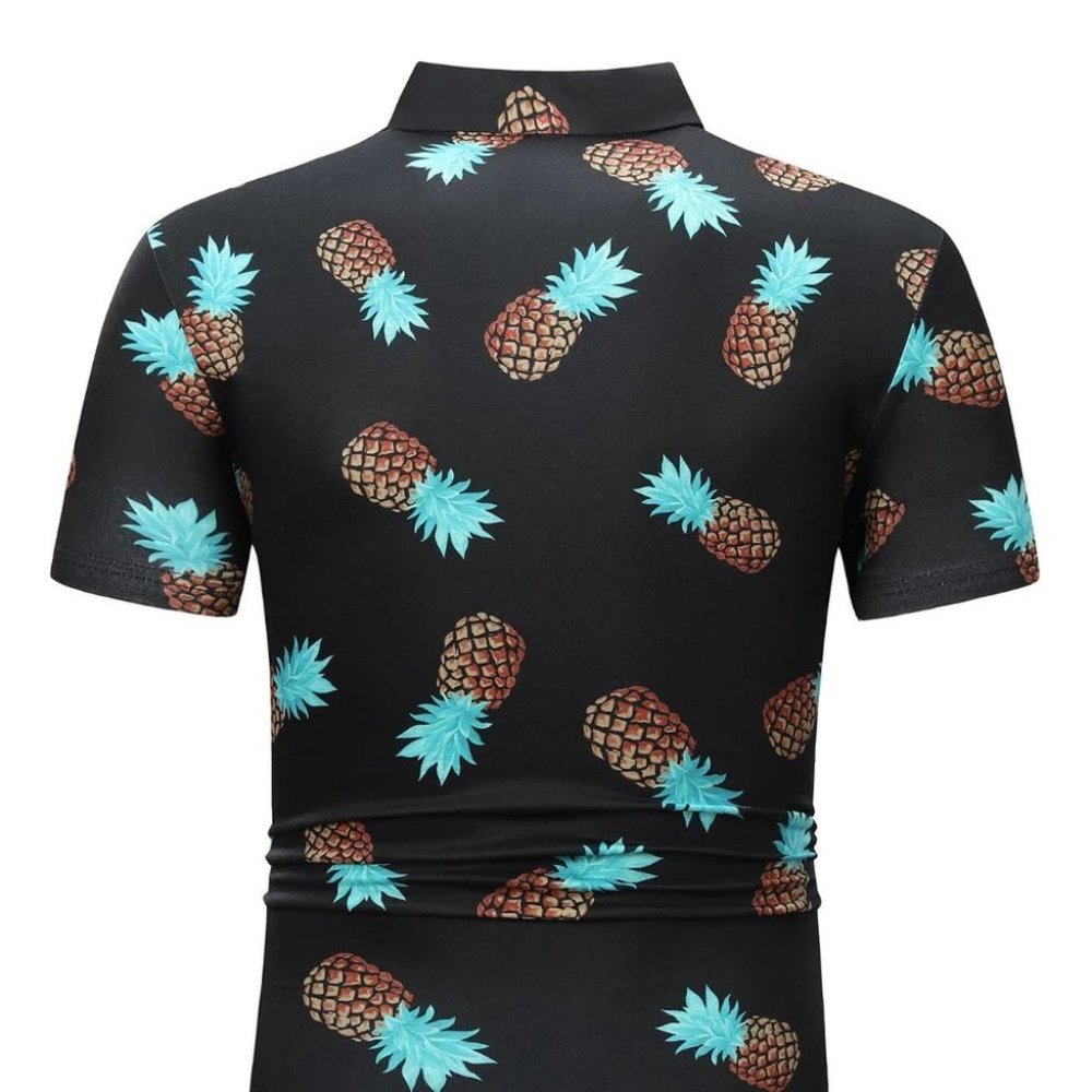 Casual Black Men's Pineapple Print Polo Shirt - Picture 3 of 6
